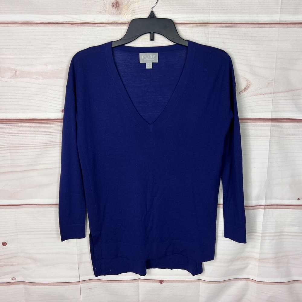 Pure Collection Sweater Womens US 2 Blue V-Neck Pullover Lightweight Wool Solid‎